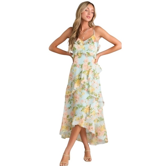 By The River Dresses & Skirts - By The River Blossom In Time Blue Multi Floral Ruffle Tiered Midi Dress Size L